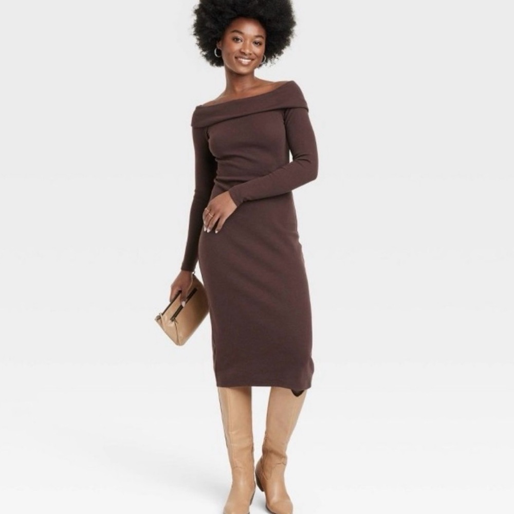 NWT Chocolate Brown Off Shoulder Ribbed Midi Dress Long Sleeve Bodycon Medium - Picture 2 of 13